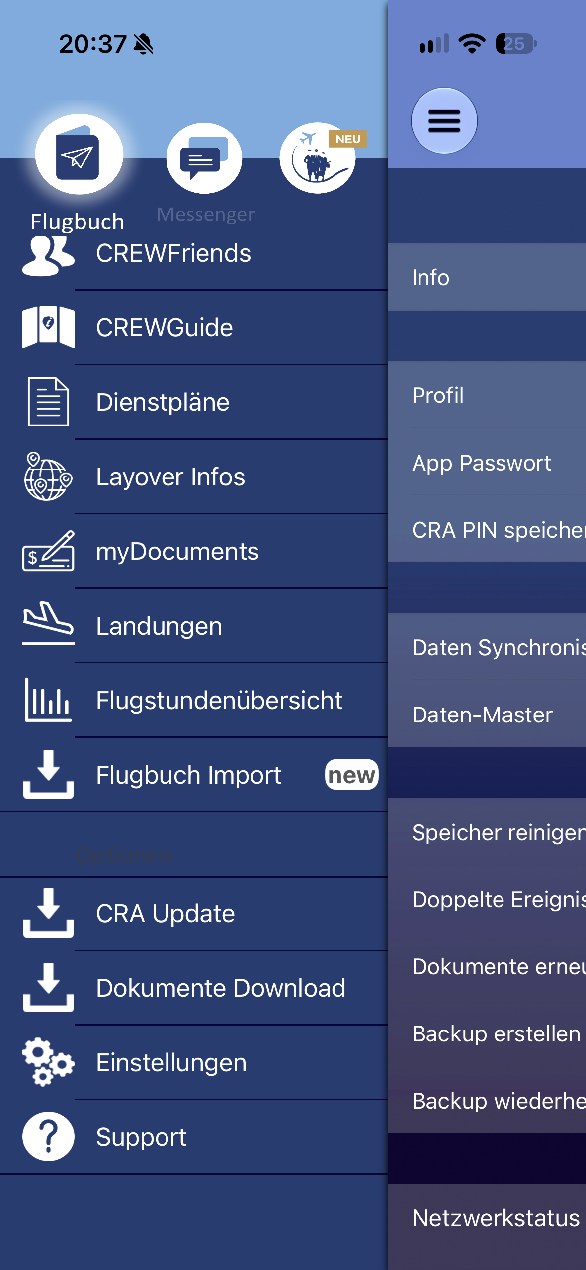 Seitenmenü der CREWlife App mit Markierung von "Einstellungen" unter Optionen